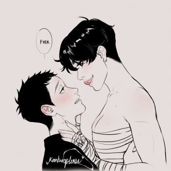 Rule 34 | 1boy, 1girl, assertive female, bandaged arm, bandages, blush, breasts, chest sarashi, commentary, earrings, english commentary, greyscale, height difference, hetero, hickey, highres, jewelry, kankuroplease, large breasts, licking lips, monochrome, original, sarashi, sharp teeth, short hair, signature, spot color, tall female, teeth, toned, toned male, tongue, tongue out