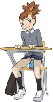 1girl aogami black_socks blue_skirt brown_hair clothing_aside desk digimon digimon_tamers dildo female_focus knotted_dildo loli makino_ruki object_insertion panties panties_aside pleated_skirt pussy pussy_juice school_desk school_uniform sex_toy shoes signature simple_background skirt socks solo source_request tagme underwear vaginal vaginal_object_insertion white_background white_panties white_shoes