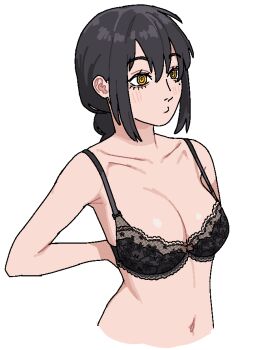 1girl aged_up arms_behind_back bad_link bare_shoulders black_bra black_hair bra braid braided_ponytail breasts chainsaw_man cleavage collarbone drawfag eyelashes lace lace-trimmed_bra lace_trim large_breasts lingerie mole mole_under_eye navel nayuta_(chainsaw_man) o3o oekaki removing_bra ringed_eyes single_braid solo underwear underwear_only yellow_eyes