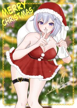 Rule 34 | 1girl, bare shoulders, blue eyes, breasts, cleavage, dated, dress, finger to mouth, fishnet pantyhose, fishnets, grey hair, hat, heart, highres, honkai: star rail, honkai (series), large breasts, lilipon, looking at viewer, merry christmas, pantyhose, red hair, santa costume, santa dress, santa hat, short hair, signature, solo, thigh strap, topaz (honkai: star rail), watermark