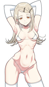 1girl armpits arms_behind_head arms_up bikini blonde_hair blush choker collarbone colored_eyelashes elbow_gloves gakuen_idolmaster gloves hair_ornament hairclip highres idolmaster long_hair looking_at_viewer micro_bikini navel orange_eyes sakurein shinosawa_hiro simple_background smile solo standing stomach swimsuit thighhighs thighs white_background white_bikini white_choker white_thighhighs