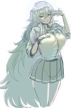 1girl azur_lane blush breasts button_gap buttons collared_shirt eyebrows_hidden_by_hair graf_zeppelin_(azur_lane) hair_between_eyes hey_taisyou highres large_breasts long_hair looking_at_viewer pleated_skirt red_eyes shirt simple_background skirt solo v very_long_hair white_background white_hair white_shirt