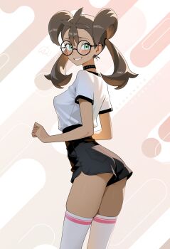 1girl absurdres alternate_costume artist_name ass black_choker black_shorts blush breasts brown_hair choker covered_erect_nipples cowboy_shot dark-skinned_female dark_skin female_focus from_behind glasses green_eyes grin hair_between_eyes high-waist_shorts highres long_hair looking_at_viewer looking_back medium_breasts nintendo otokakoto petite pokemon pokemon_xy quad_tails round_eyewear shauna_(pokemon) shirt shirt_tucked_in short_shorts short_sleeves shorts small_breasts smile solo standing sweat teeth thighhighs white_shirt white_thighhighs