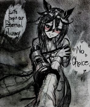 1girl 1other absurdres animal_ears blush coat collared_shirt commentary cowlick ear_covers english_commentary english_text forced goggles goggles_around_neck grabbing_another's_arm greyscale hair_between_eyes half-closed_eyes head_tilt heart highres holding_hands horse_ears long_sleeves monochrome multicolored_hair newsoda open_clothes open_coat outstretched_arm parted_lips partially_unbuttoned pov pov_hands seductive_smile shirt smile solo_focus spot_color stay_gold_(sunlit_outsider)_(umamusume) stay_gold_(umamusume) straight-on traditional_media umamusume