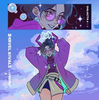 1girl character_name cloud commentary copyright_name earrings english_commentary evil_cactus flower_earrings galacta galacta_(rivals'_day_2025) gloves grin highres horns jacket jewelry looking_at_viewer marvel marvel_rivals official_alternate_costume ponytail purple-tinted_eyewear purple_eyes purple_horns purple_jacket round_eyewear skirt smile solo sparkle tinted_eyewear white_skirt