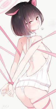 1girl absurdres alternate_costume animal_ears ass bare_back bare_shoulders blue_archive blush breasts cat_ears cat_girl closed_mouth commentary_request fingernails from_behind grey_background halo highres kazusa_(blue_archive) looking_at_viewer medium_breasts panties pink_halo pink_ribbon red_eyes restrained ribbon sideboob signature sikimosh simple_background solo sweater turtleneck turtleneck_sweater underwear virgin_killer_sweater white_panties white_sweater