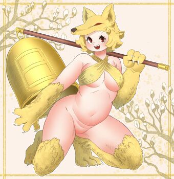 1girl :d absurdres animal_feet animal_hands bell belly blonde_hair blush bottomless bra breasts commentary_request commission covered_erect_nipples criss-cross_halter curvy fox_girl full_body halterneck highres holding holding_staff kneeling large_breasts looking_at_viewer moonlight_flower navel no_pussy open_mouth panoramango ragnarok_online red_eyes second-party_source short_hair skeb_commission smile solo staff underwear yellow_background yellow_bra