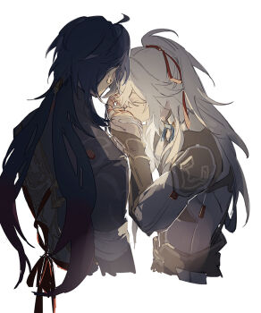 2boys armor bandages black_hair blade_(honkai:_star_rail) chinese_clothes closed_eyes gloves hair_between_eyes hair_ribbon holding_hands honkai:_star_rail honkai_(series) jing_yuan kiss kissing_hand long_hair long_sleeves male_focus mississipping multiple_boys ponytail red_ribbon ribbon simple_background upper_body white_background white_hair yaoi