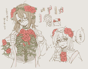 Rule 34 | 1boy, 1other, absurdres, alternate costume, arm vines, bags under eyes, beard stubble, black-framed eyewear, black-framed glasses, blush, brown hair, buttons, capelet, chibi, chibi inset, clock, clothes pull, coat, collared shirt, crown of thorns, dante (limbus company), diamond (shape), diamond button, dress, dress pull, e.g.o (project moon), expressionless, facial hair, finger to mouth, fire, flower, flower wreath, flying sweatdrops, formal clothes, garden of thorns (e.g.o), gauntlet, gauntlets, glasses, gloves, gregor (project moon), grey background, hair between eyes, hair flower, hair intakes, hair ornament, hair vines, hairband, head blush, head tilt, head wreath, highres, jitome, lily26983455, limbus company, limited palette, long hair, long sleeves, looking at another, looking down, male bride, male focus, monochrome, motion lines, multiple views, necktie, nervous, nervous sweating, object head, official alternate costume, one eye closed, open clothes, open dress, pants, pants under dress, parted bangs, parted lips, partially colored, plant, project moon, red flower, red rose, red strips, rib cage, ribs, rose, sanpaku, sash, semi-rimless eyewear, shirt, shoulder sash, simple background, single gauntlet, single glove, skeleton, solo focus, speech bubble, spot color, stubble, sweat, sweatdrop, thorns, torn capelet, torn clothes, turtleneck, turtleneck dress, under-rim eyewear, upper body, vines, wreath, yellow eyes