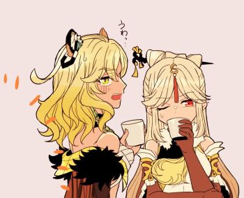 2girls animal_ears annoyed bare_shoulders blonde_hair blue_hair braid chinese_hairpin commentary_request cup detached_sleeves dress elbow_gloves fang furrowed_brow genshin_impact gloves hair_ornament hair_stick hand_up holding holding_cup hzv_jp jacket long_hair looking_at_viewer multicolored_hair multiple_girls ningguang_(genshin_impact) open_mouth red_eyes side_braid tan tassel tassel_hair_ornament two-tone_hair upper_body very_long_hair xilonen_(genshin_impact) yellow_eyes