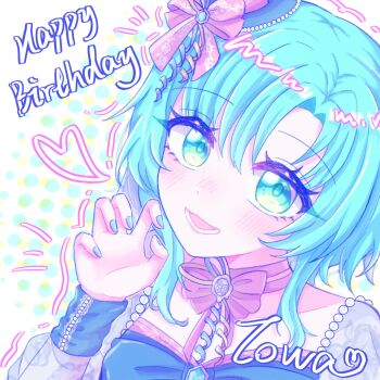 1girl aqua_eyes aqua_hair aqua_nails blue_ribbon blush bow character_name commentary_request d4dj fingernails hair_ornament hanamaki_towa happy_birthday highres long_sleeves looking_at_viewer lower_teeth_only nail_polish open_mouth pikarin_0129 pink_bow polka_dot polka_dot_background portrait ribbon see-through_clothes see-through_sleeves short_hair solo teeth yellow_ribbon