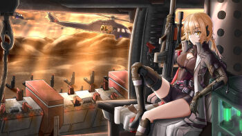 1girl aircraft assault_rifle asymmetrical_legwear belt black_gloves black_legwear blonde_hair breasts bullpup cleavage closed_mouth frost2042 girls&#039;_frontline girls&#039;_frontline_2:_exilium gloves groza_(girls&#039;_frontline_2) gun hair_between_eyes headset helicopter highres holding holding_gun holding_weapon long_hair long_sleeves looking_at_viewer medium_breasts ots-14_(girls&#039;_frontline) ots-14_groza rifle sitting sniper_rifle solo suppressor uh-60_blackhawk weapon yellow_eyes