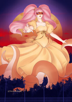 Rule 34 | 1girl, absurdres, cthulhu mythos, dress, estir, giant, giantess, heterochromia, highres, long hair, looking down, mask, monster girl, nicolerobaski, pink hair, solo, sucker for love, sucker for love: first date, tentacles, twintails, yellow dress, yellow mask