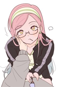 2girls alien_stage black_jacket blank_speech_bubble coldmeow commentary earrings english_commentary female_pov glasses green_hairband grey_jacket hairband hand_on_another's_face highres jacket jewelry long_hair mizi_(alien_stage) multicolored_hairband multiple_girls official_alternate_costume pink_hair pov solo_focus speech_bubble striped_clothes striped_hairband sua_(alien_stage) two-tone_hairband white_hairband yellow_eyes yuri zipper_pull_tab