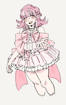 Rule 34 | 1girl, blush, bow, commentary, cropped legs, danganronpa (series), danganronpa 2: goodbye despair, dress, english commentary, eyelashes, frilled dress, frills, highres, jewelry, medium hair, melffybunny, nanami chiaki, necklace, open mouth, pink bow, pink eyes, pink hair, reaching, reaching towards viewer, simple background, smile, solo, teeth, upper teeth only, white background, white dress