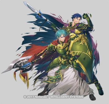 Rule 34 | 2boys, aqua eyes, armor, axe, battle axe, battle damage, belt, blue eyes, blue hair, boots, cape, clenched teeth, commentary request, cosplay, damaged, ephraim (fire emblem), ephraim (sacred twin lord) (fire emblem), fado (fire emblem), fado (fire emblem) (cosplay), fire emblem, fire emblem: the blazing blade, fire emblem: the sacred stones, fire emblem heroes, full body, gauntlets, green armor, hector (brave warrior) (fire emblem), hector (fire emblem), holding, holding axe, holding polearm, holding shield, holding weapon, kuren, loincloth, male focus, maltet (fire emblem), multiple boys, nintendo, official alternate costume, official art, open mouth, pants, polearm, purple cape, shield, short hair, shoulder armor, spear, teeth, torn clothes, uther (fire emblem), uther (fire emblem) (cosplay), weapon