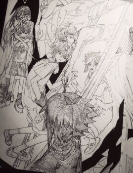 Rule 34 | 1girl, 4boys, absurdres, alternate costume, antenna hair, atelier (series), basil (headspace) (omori), basil (omori), blush, brother and sister, chinese commentary, closed eyes, closed mouth, collarbone, collared shirt, commentary request, double-parted bangs, dress, dual persona, flower, flower wreath, greyscale, hair between eyes, head wreath, highres, holding, holding knife, hug, hug from behind, knife, long hair, looking at another, mari (omori), mari (spirit) (omori), monochrome, moonskysoon, multiple boys, omori, omori (omori), overall shorts, overalls, shirt, shoes, short sleeves, shorts, siblings, sidelocks, smile, socks, something (omori), stranger (omori), striped clothes, striped shorts, sunny (omori), sweater vest, tank top, traditional media, vertical-striped clothes, vertical-striped shorts