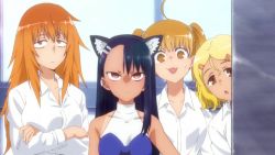 1boy 5girls animal_ear_fluff animal_ears animated anime_screenshot audible_speech black_hair blonde_hair blue_skirt breasts brown_eyes brown_hair cat_ears cat_tail cheerleader drawing earclip english_audio flashback gamou_maki glasses grin hachiouji_naoto hair_ornament hairclip halterneck hand_on_another's_shoulder ijiranaide_nagatoro-san indoors long_hair midriff multiple_girls nagatoro_hayase orange_hair pointing pointing_at_another purple_hair red_eyes sakura_(nagatoro) school school_uniform shirt sketchbook skirt smile sound sunomiya_sana tail tan tanline turtleneck twintails video white_shirt yoshi_(nagatoro)