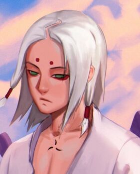 1boy abs bone bone_weapon braid cloud_background face_mark facial_mark forehead_mark full_body gradient_background green_eyes highres kaguya_kimimaro looking_down medium_hair naruto_(series) neutral_face open_clothes patrikstons signature simple_background sky solo sunset_background sword upper_body weapon white_hair