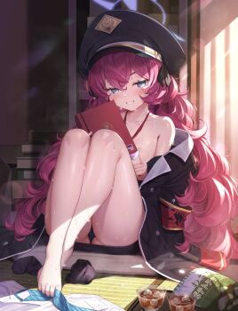 1girl absurdres armband bag_of_chips bare_legs bare_shoulders barefoot between_toes black_panties blue_archive blue_necktie blush book book_stack bowl chips_(food) commentary_request condom condom_wrapper crossed_legs feet female_focus food full_body grin hat highres holding holding_book indoors iroha_(blue_archive) jacket knees_up loli long_hair long_sleeves looking_at_viewer matanonki military_hat military_jacket necktie off_shoulder open_clothes panties pantyshot partial_commentary peaked_cap potato_chips red_hair safety_pin shirt sitting slit_pupils smile socks solo striped_clothes striped_necktie sunlight sweat tatami thighs underwear unworn_clothes unworn_necktie unworn_shirt unworn_socks very_long_hair wet