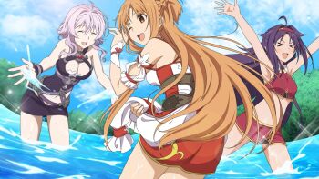 &gt;_&lt; 10s 3girls :o ahoge armpits arms_up asuna_(sao) black_shorts breasts brown_eyes brown_hair cleavage closed_eyes cloud crop_top day game_cg hair_between_eyes hairband leaning_forward long_hair medium_breasts midriff mole mole_on_breast multiple_girls navel official_art one_eye_closed open_mouth outdoors partially_submerged pink_hair purple_hair purple_skirt red_hairband red_skirt shorts skirt sky strea_(sao) sword_art_online sword_art_online:_hollow_realization wading water wet wrist_cuffs yuuki_(sao)