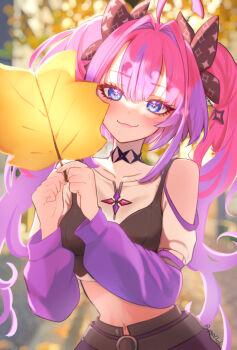 Rule 34 | + +, 1girl, ahoge, autumn leaves, blue eyes, blush, bra, bra over clothes, clothing cutout, cosmetics, hair intakes, hair ribbon, highres, holding, hololive, kikirara vivi, kikirara vivi (1st costume), leaf, long hair, looking at viewer, multicolored hair, navel, orange leaf, pink hair, pink nails, piyoduck, purple arm warmers, purple hair, purple sleeves, ribbon, shirt, shoulder cutout, smile, solo, star-shaped gem, twintails, two-tone hair, underwear, virtual youtuber, white shirt
