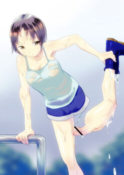 1girl black_hair borusen disembodied_hand highres penis short_hair short_shorts shorts solo tank_top tezuka_shiho wet wet_clothes what