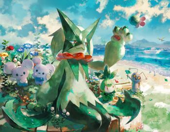 arm_support arm_up blue_flower boat closed_mouth cloud commentary_request day falling_leaves flower gen_5_pokemon gimmighoul gimmighoul_(roaming) grass highres leaf meowscarada nagakura_(seven_walkers) nintendo outdoors petilil pokemon red_eyes shore sitting sky tandemaus water watercraft wiglett