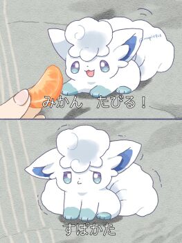 Rule 34 | 1other, alolan form, alolan vulpix, animal focus, blue eyes, closed mouth, commentary request, food, fox, fruit, gen 7 pokemon, kana (maple926), nintendo, open mouth, orange (fruit), orange slice, pokemon, pokemon (creature), pokemon focus, smile, white fur