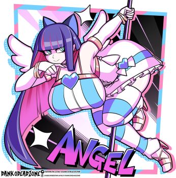1girl angel_wings aqua_eyes armlet armpits artist_name blue_bow blue_leggings blunt_bangs border bow bracelet breasts bright_pupils cleavage closed_mouth colored_inner_hair curvy dankodeadzone detached_leggings detached_sleeves dress frilled_dress frills full_body gold_armlet gold_bracelet gold_trim high_heel_sandals highres holding huge_breasts jewelry leggings long_hair looking_to_the_side multicolored_hair panty_&amp;_stocking_with_garterbelt patreon_username pole purple_hair sandals solo stocking_(psg) streaked_hair stripper_pole thick_thighs thighs two-tone_hair very_long_hair watermark web_address white_border white_dress white_leggings white_pupils wings