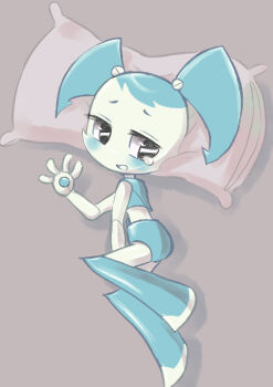 1girl bed black_eyes blue_boots blue_hair blue_shirt blue_skirt blush boots colored_skin crop_top grey_background highres jenny_wakeman k-nattoh knee_boots long_hair looking_at_viewer lying midriff my_life_as_a_teenage_robot nickelodeon on_bed open_mouth pillow shirt skirt sleeveless sleeveless_shirt tears twintails waving white_skin