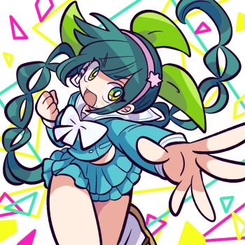1girl black_hair blush bow bright_pupils chabashira_tenko choker clenched_hand cowboy_shot danganronpa_(series) danganronpa_v3:_killing_harmony dynamic_pose green_eyes green_hair hair_ribbon hairband hichimochi_(4gdq1cyagsnyqqz) highres incoming_attack layered_skirt long_hair long_sleeves looking_at_viewer low_twintails mole mole_under_mouth open_mouth pink_choker pink_hairband pleated_skirt reaching reaching_towards_viewer ribbon sailor_collar school_uniform shirt skirt smile solo thighs toon_(style) twintails very_long_hair white_pupils