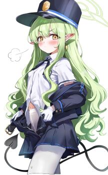 1girl absurdres black_hat black_jacket black_skirt blue_archive blush demon_tail gloves green_hair green_halo halo hat highres hikari_(blue_archive) jacket long_hair long_sleeves looking_at_viewer pantyhose pleated_skirt pointy_ears sak_(lemondisk) shirt simple_background skirt solo standing tail white_background white_gloves white_pantyhose white_shirt