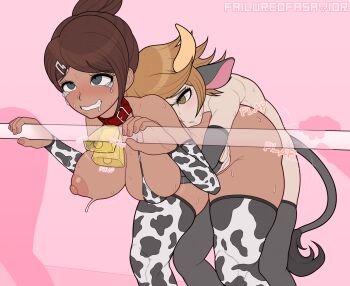 1boy 1girl animal_ears animal_print artist_name asahina_aoi bikini black_eyes black_gloves black_thighhighs blush breasts brown_eyes brown_hair cow_ears cow_horns cow_print cow_print_bikini cow_print_thighhighs cow_tail danganronpa:_trigger_happy_havoc danganronpa_(series) dark-skinned_female dark_skin detached_sleeves failureofasavior fingerless_gloves fujisaki_chihiro gloves hetero highres horns hug hug_from_behind large_breasts long_sleeves nipples pink_background print_bikini print_thighhighs sex sex_from_behind short_hair simple_background sweat swimsuit tail tears teeth thighhighs