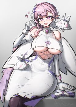 1girl absurdres arielumen black_pantyhose breasts chaos_zero_nightmare commentary diana_(chaos_zero_nightmare) dress flower-shaped_pupils gloves gun highres large_breasts medium_hair open_mouth pantyhose pink_hair pointy_ears purple_eyes simple_background smile solo symbol-shaped_pupils underboob w weapon white_dress white_gloves white_wings wings