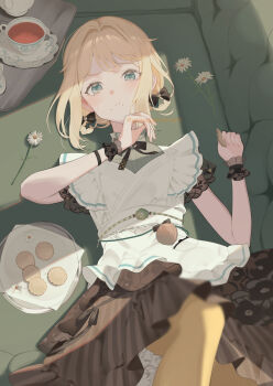 Rule 34 | 1girl, absurdres, apron, aqua eyes, black bow, black bowtie, black skirt, black wrist cuffs, blonde hair, blush, bow, bowtie, braid, braided hair rings, closed mouth, commentary request, cookie, couch, cup, food, frilled apron, frilled skirt, frills, grey shirt, grey skirt, hair flaps, hair rings, highres, holding, holding cookie, holding food, hololive, indoors, kazama iroha, kazama iroha (maid), knee up, looking at viewer, lying, official alternate costume, official alternate hairstyle, on back, on couch, pantyhose, pout, shirt, short sleeves, skirt, solo, tea, teacup, virtual youtuber, white apron, wrist cuffs, yamagamiamami, yellow pantyhose