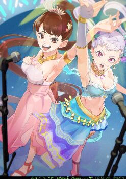 2025 2girls black_clover breasts cleavage dress earrings ejon_sc grey_hair jewelry kahono large_breasts long_hair midriff multiple_girls noelle_silva ponytail purple_eyes sideboob twintails