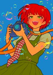 Rule 34 | 1girl, :d, absurdres, alternate color, bare arms, blue background, blunt bangs, blush, bob cut, bubble, camera, checkered necktie, collared shirt, danganronpa (series), danganronpa 2: goodbye despair, dress, dress shirt, freckles, green dress, green eyes, hands up, highres, holding, holding camera, koizumi mahiru, looking at viewer, looking down, necktie, open mouth, pinafore dress, plaid necktie, pleated dress, pleated skirt, red hair, red necktie, shirt, short hair, short sleeves, shoulder strap, simple background, skirt, sleeveless, sleeveless dress, smile, solo, strap, teeth, upper teeth only, white shirt, wing collar, youko-shima