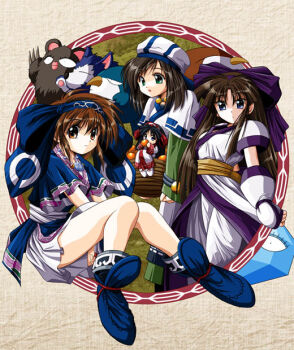 4girls ainu_clothes basket bird black_hair black_socks blue_eyes blue_hairband blue_shoes brown_eyes brown_hair claws commentary_request creature eating f20_(funimaru) fingerless_gloves food fruit gloves green_eyes hairband hat holding holding_basket holding_food ice jewelry konril leaning_forward long_hair long_sleeves looking_at_viewer mamahaha manari mandarin_orange medium_hair mini_person minigirl multiple_girls murasaki_nakoruru nakoruru necklace open_mouth pants red_hairband rimururu rimururu_(rasetsu) samurai_spirits sash shikuru shoes short_hair skirt sleeves_past_wrists socks white_gloves white_hat white_pants white_sash white_shoes white_skirt wolf yellow_sash