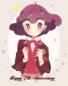 1girl 33lol anniversary blush bow bowtie bright_pupils brown_jacket burgundy_(pokemon) buttons closed_mouth collared_shirt commentary_request cropped_torso crown_(symbol) english_text eyelashes jacket long_sleeves nintendo open_clothes open_jacket pokemon pokemon_(anime) pokemon_bw_(anime) purple_eyes purple_hair red_bow red_bowtie red_vest ribbon shirt short_hair smile solo star_(symbol) striped_background thick_eyebrows vertical-striped_background vest white_pupils white_shirt