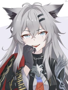 1girl animal_ear_fluff animal_ears arknights black_gloves black_jacket blue_eyes bolo_tie chinese_commentary commentary_request crossed_bangs gloves grey_hair hair_between_eyes hair_ornament hairclip hand_to_own_mouth hand_up highres jacket lappland_(arknights) lappland_the_decadenza_(arknights) long_hair long_sleeves portrait scar scar_across_eye scar_on_face smile solo tongue tongue_out wolf_ears wolf_girl zerosama_(sailuojiang)
