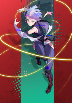 1girl absurdres asymmetrical_hair bare_shoulders bigroll black_boots boots clothing_cutout commentary_request cropped_jacket cyberpunk:_edgerunners cyberpunk_(series) eyeliner fighting_stance full_body furrowed_brow grey_eyes grey_pants guilty_gear guilty_gear_strive highres jacket lucy_(cyberpunk) makeup multicolored_hair off-shoulder_jacket off_shoulder pants pillarboxed red_eyeliner red_lips short_hair solo thigh_cutout white_jacket