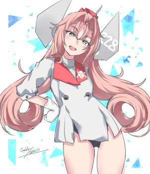 Rule 34 | 1girl, black one-piece swimsuit, coat, commentary request, cowboy shot, dated, drum (kancolle), gakky, garrison cap, gloves, grey eyes, hair rings, hand on own hip, hat, headgear, highres, kantai collection, long hair, one-hour drawing challenge, one-piece swimsuit, pink hair, red hat, skull print, smile, solo, swimsuit, swimsuit under clothes, white coat, white gloves