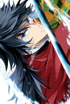 1boy black_hair black_jacket blue_eyes commentary_request demon_slayer_uniform haori high_collar holding holding_sword holding_weapon jacket japanese_clothes katana kikkoumon kimetsu_no_yaiba long_hair looking_at_viewer low_ponytail male_focus parted_lips ponytail print_haori red_haori sayu090200 sideways solo spiked_hair sword teeth tomioka_giyuu weapon
