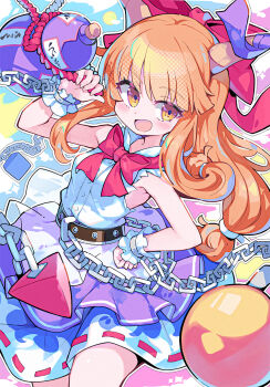 1girl armpits bare_arms blue_skirt blush bow bowtie breasts brown_hair chain commentary cube frilled_wristband gourd hair_bow halftone highres horns ibuki_suika long_hair looking_at_viewer low-tied_long_hair omochishiki oni orb outline purple_overskirt pyramid_(geometry) red_bow red_bowtie shirt skirt sleeveless sleeveless_shirt small_breasts smile solo thighs torn_clothes torn_shirt touhou very_long_hair white_outline white_shirt