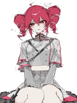 Rule 34 | 1girl, adjusting eyewear, ahoge, chest harness, collared shirt, cropped shirt, drill hair, embarrassed, furrowed brow, grey shirt, grey skirt, hair ribbon, hand between thighs, harness, highres, kasane teto, kasane teto (sv), layered shirt, long sleeves, open mouth, red eyes, red hair, red skirt, ribbon, shirt, short hair, skirt, solo, speech bubble, sweatdrop, synthesizer v, tears, twin drills, two-tone skirt, ummwa, variant set, wavy mouth, white ribbon