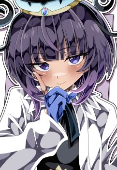 1girl black_dress black_hair blue_gloves blunt_bangs blush bob_cut coat dress gloves gradient_hair gwynn_(pokemon) highres index_finger_raised long_sleeves looking_at_viewer multicolored_hair nintendo open_clothes open_coat outline partially_fingerless_gloves pokemon pokemon_legends:_z-a purple_eyes purple_hair shiki_(kisikisi1007) short_hair solo upper_body white_coat white_outline