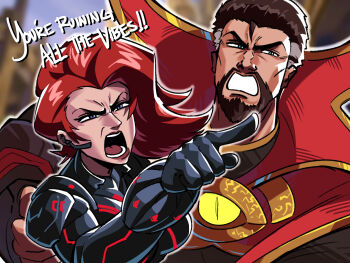 1boy 1girl black_hair black_widow blue_eyes bodysuit brown_hair cape cloak doctor_strange doctor_strange_(series) facial_hair highres marvel marvel_rivals meme multicolored_hair natasha_romanoff red_cloak red_hair short_hair superhero_costume tina_fate two-tone_hair woman_yelling_at_cat_(meme)