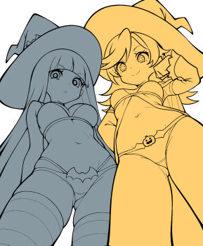 2girls absurdres arm_up armpits bat_wings bikini blue_eyes blunt_bangs breasts cleavage from_below gluteal_fold halloween hat highres looking_down medium_breasts multiple_girls navel panty_&amp;_stocking_with_garterbelt panty_(psg) patterned_eyes pumpkin simple_background smile stocking_(psg) sumishimi swept_bangs swimsuit thighhighs unfinished upper_body white_background wings witch_hat