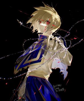 1boy artist_name black_background blonde_hair blood blue_capelet blue_pants capelet chain chinese_commentary commentary_request cowboy_shot dated earrings eteru fighting_stance glint glowing glowing_eye hair_between_eyes hand_up highres hunter_x_hunter jewelry kurapika long_sleeves looking_at_viewer male_focus motion_blur multiple_rings pants parted_lips red_eyes ring shirt short_hair simple_background solo standing tabard torn_clothes white_shirt